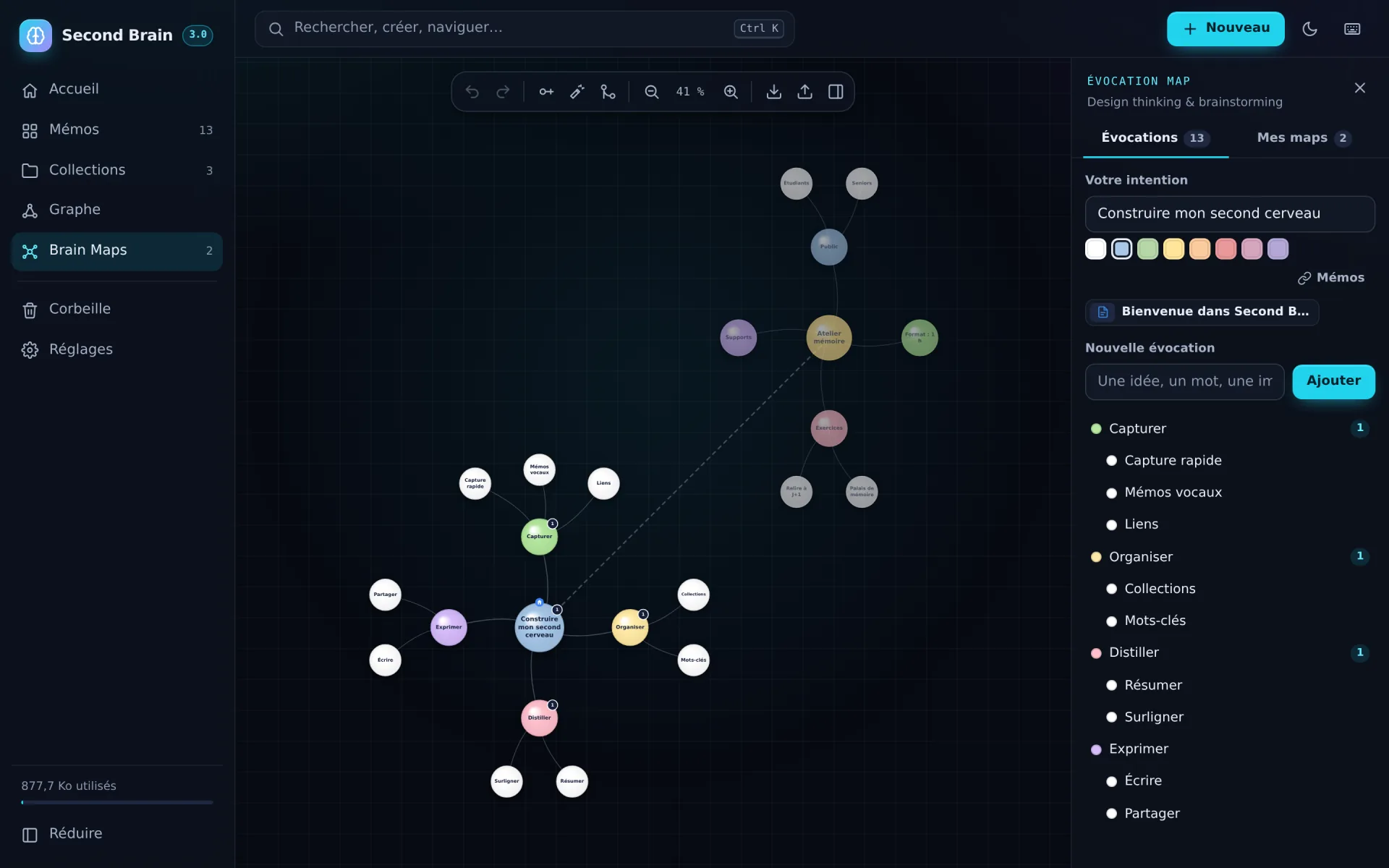 Une Brain Map : une idée centrale déployée en branches colorées, certaines reliées à des mémos.