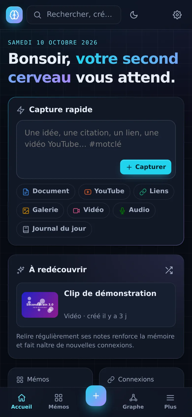 Second Brain sur un téléphone : la même application, adaptée à l'écran.